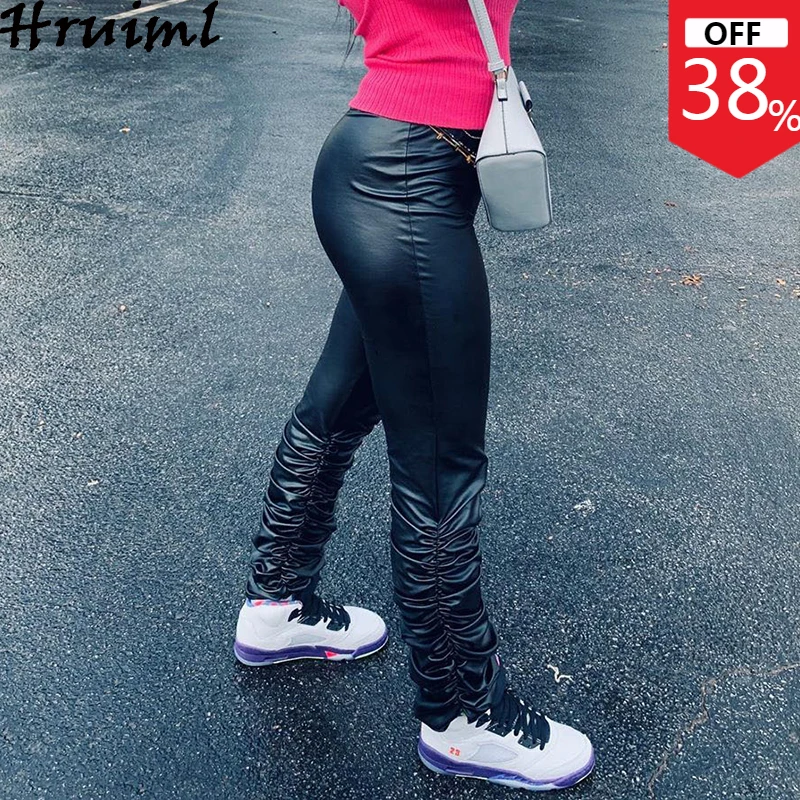 

Leather Pants for Women Fashion Mid Waist Stacked Pants Casual Elastic Waist Female Long Trousers Autumn Sexy Woman Pants