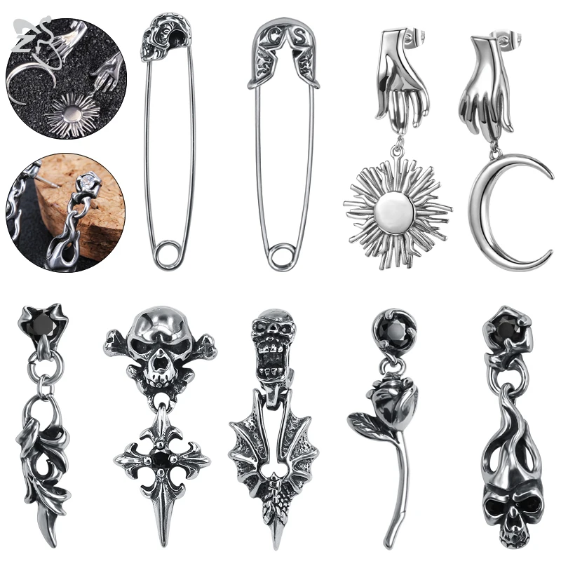

ZS 1Pair Skull Sun Moon Ear Stud 316L Stainless Steel Stud Earrings Vintage Retro Skeleton Earring Piercing Gothic Punk Jewelry
