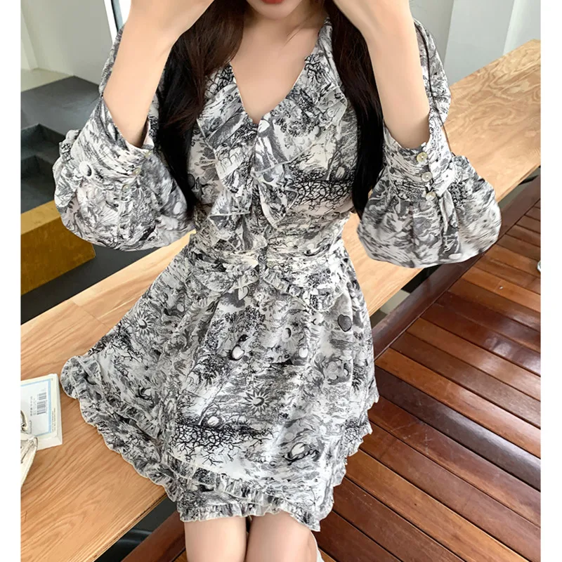 

2023 Women's Dresses Spring Chiffon Floral Dress V Neck Long Sleeve Ruffles Mini Skirt Lady Beachwear Slim Waist Holiday Vestido