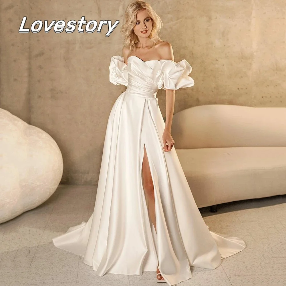 

Ivory Princess Satin Wedding Dresses Short Puff Sleeves Bridal Gowns Sexy High Slit Bride Robe Sweetheart Neck Vestidos De Noiva