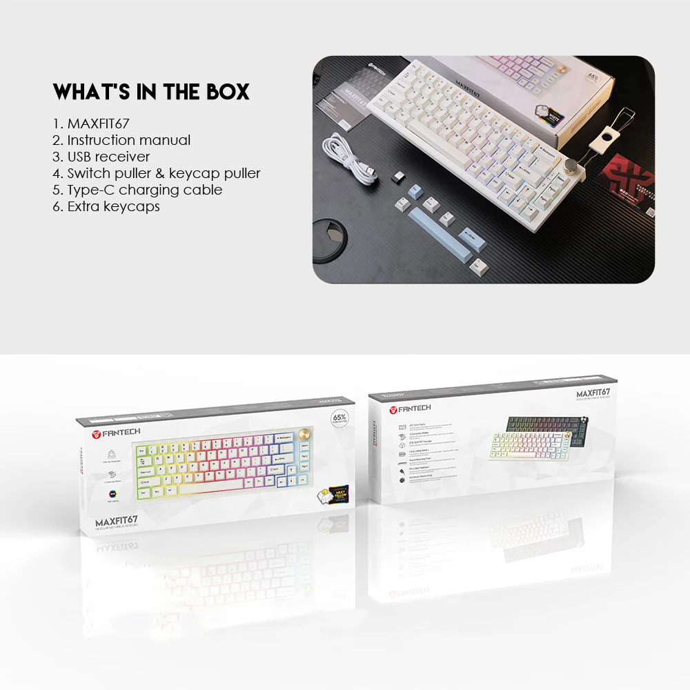 fantech maxfit67 bluetooth wireless hot swap keyboard pbt dye sub keycaps rgb wired knob encoder kailh box gateron milky yellow free global shipping
