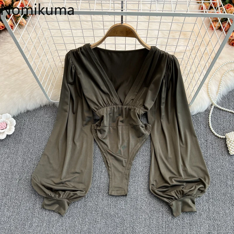 

Nomikuma T Shirt Women Spring Autumn Lantern Sleeve Slim Bodycon Simple Clothes for Women Vintage Elegant Fashion Tops Women