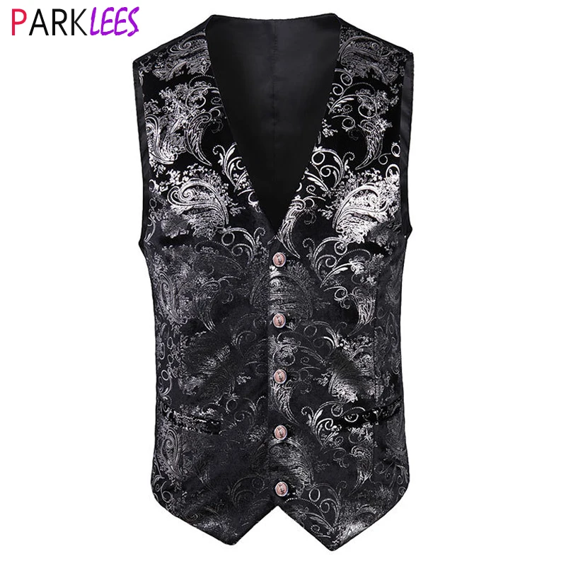 

Men's Silver Paisley Floral Bronzing Steampunk Vest Slim Fit V Neck Western Cowboy Wedding Waistcoat Gothic Aristocrat Gilet