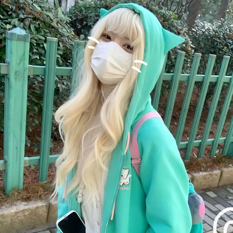 

2023 Kawaii Zip Up Sweatshirts Oversized Sweet Lolita Girly Harajuku Hoodie Women Cat Ear Japanese Style Cute Hooded Jacket