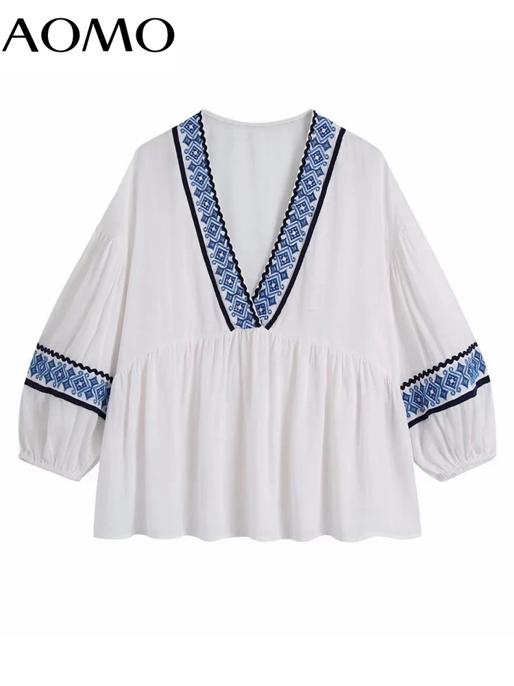 

Женская Ретро-блузка AOMO, романтичная рубашка с вышивкой и рукавами-фонариками, шикарная женская рубашка, топы, 2022