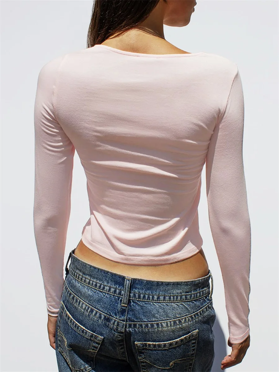 Женские летние укороченные топы Однотонная футболка с длинным рукавом и