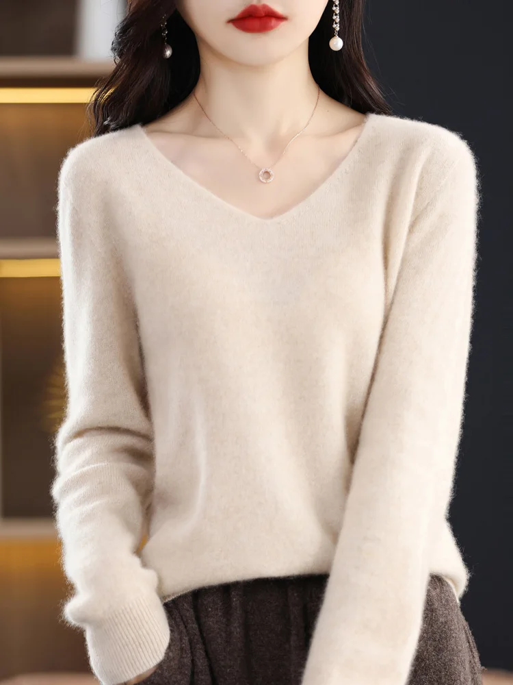 

Lafarvie 100% Wool Women Sweater V-Neck Long Sleeve Korea Casual Slim Warm Mujer Knitted Top Pullover Clothing For Autumn Winter