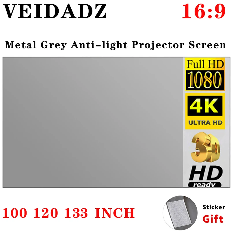 VEIDADZ Projector Screen 100 120 133 Inch 16:9 Foldable Anti-Crease Grey Reflective Cloth Portable Projection Screen For Home