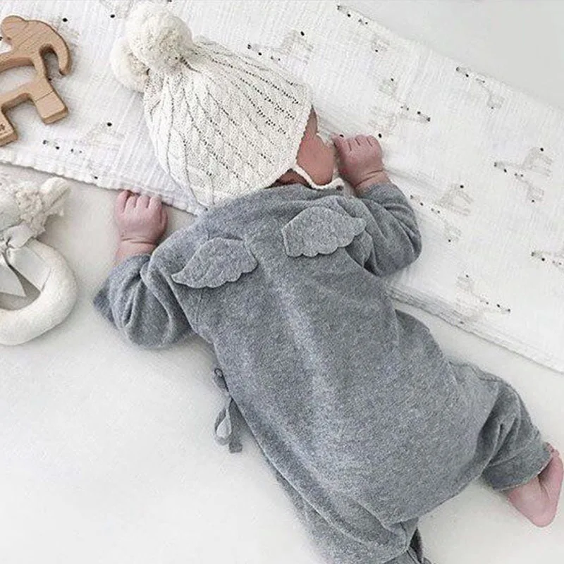

Infant Newborn Baby Girls Boys Romper Knitted Lovely Kids Autumn Bandage Long Sleeve Wing Patchwork Solid Jumpsuits One Piece