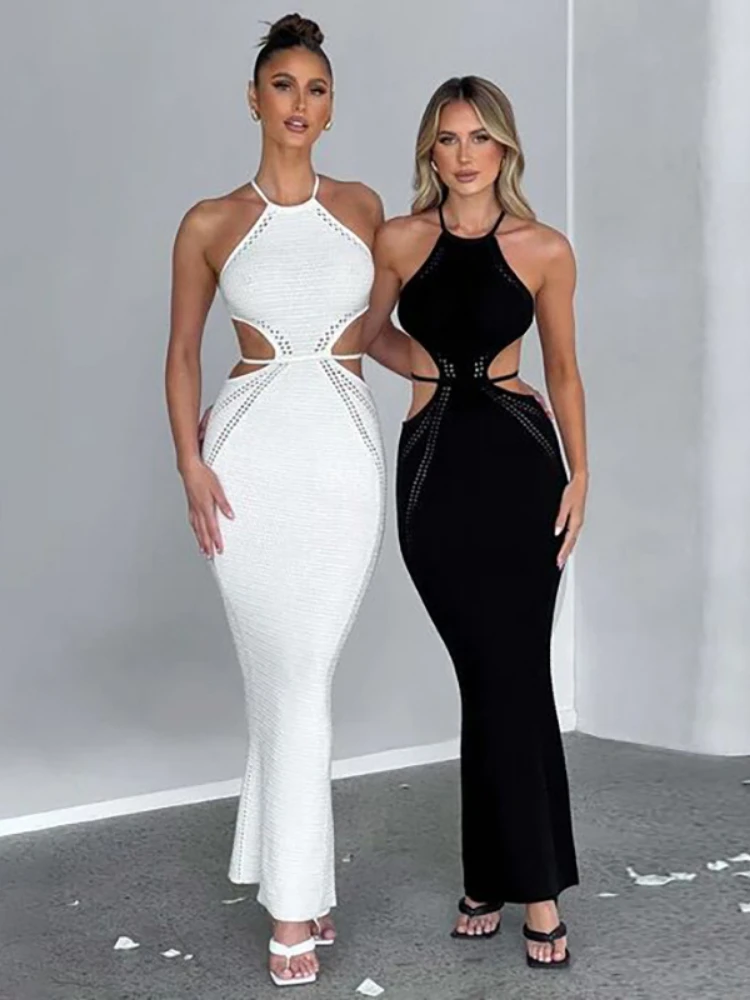 

Backless Sexy Knitted Dresses Autumn Fashion Sleeveless Bandage Halter Dress Elegant Party Evening Bodycon Dresses for Women