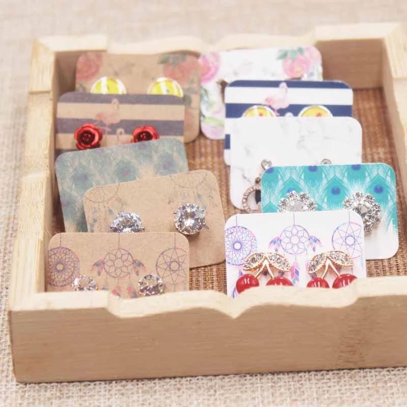 

100Pc Small Earring Paper Card Flower Pattern Package White Kraft Paper Card DIY Jewelry Handmade Display