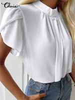 celmia stand collar summer tops office lady solid color blusas all match short sleeve blouse leisure women fashion elegant shirt