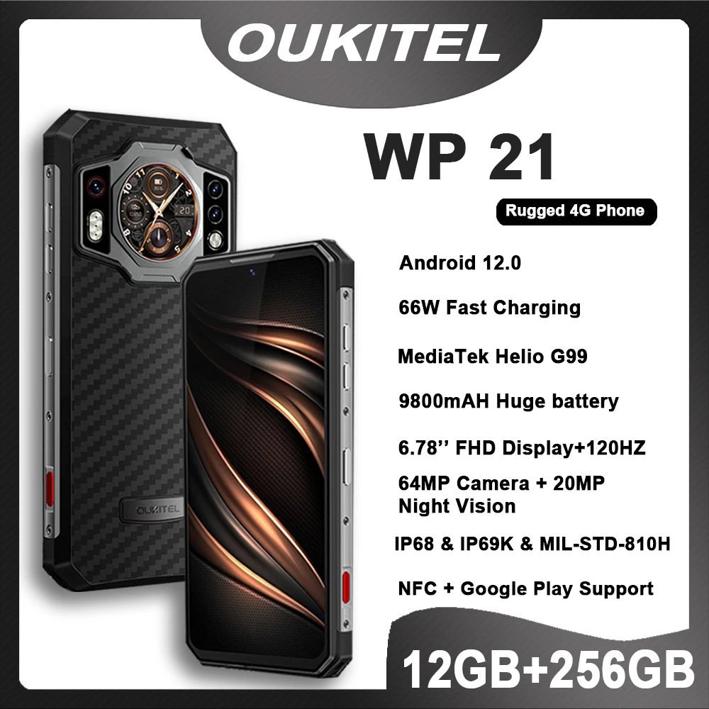 OUKITEL WP21 Rugged Night Vision Smartphone 64MP Camera 120HZ 9800mAh Battery 66W 12GB 256GB Cellphone Android 12 NFC Phones