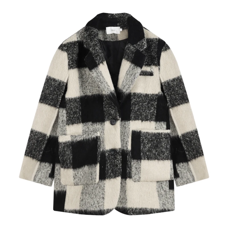Korean Plaid Suit Coat Women's Autumn Winter Mid Long Hepburn Loose Temperament Heavy Woolen Coat Wool Clothing Za Fashion Y2k