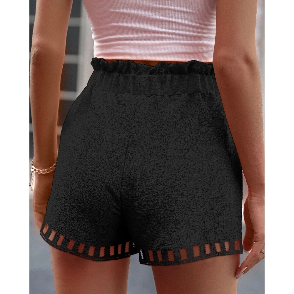 Korean Style Women Ruched High Waist Belted Shorts Female Casual Elegant 2023 Summer Fashion Hollow Out Pocket Design Hot Pants