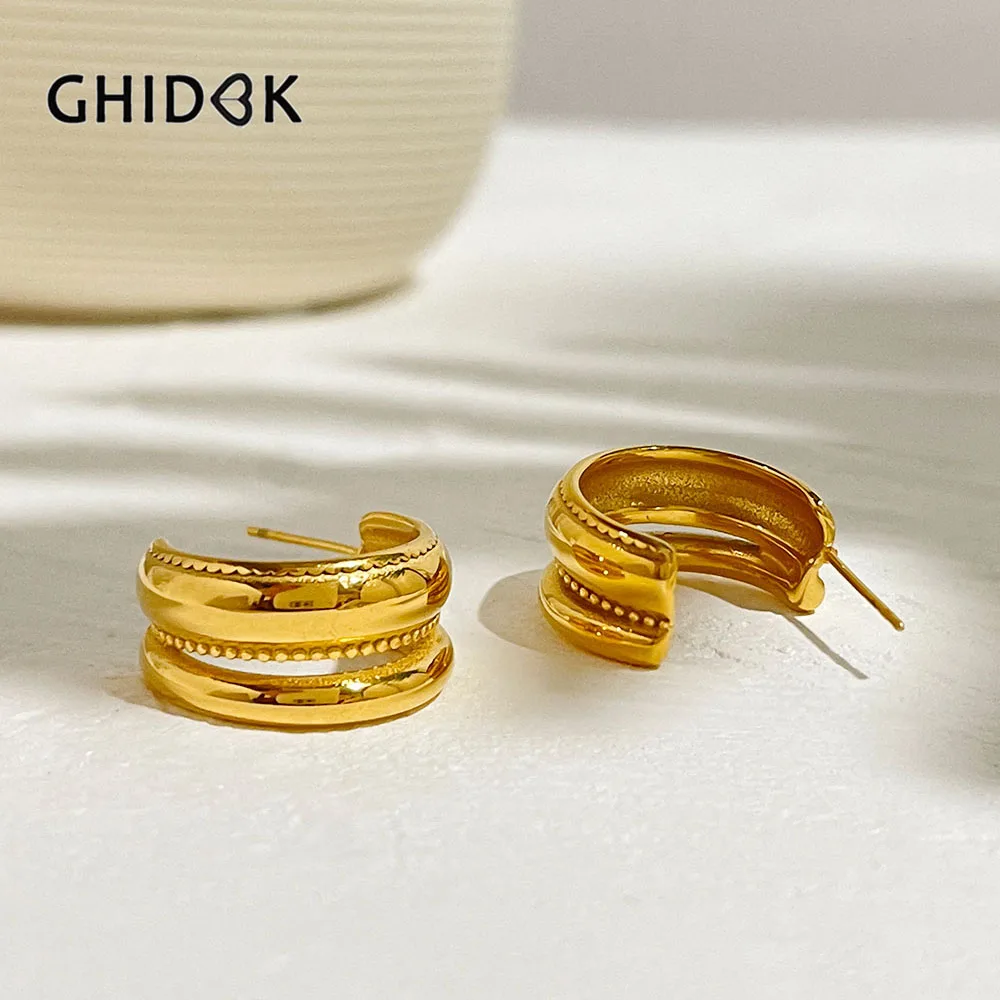 

GHIDBK New Stainless Steel 18K Gold Plated Double Layer Textured Dome Hoop Earrings Chunky Statement Women Jewelry Non Tarnish