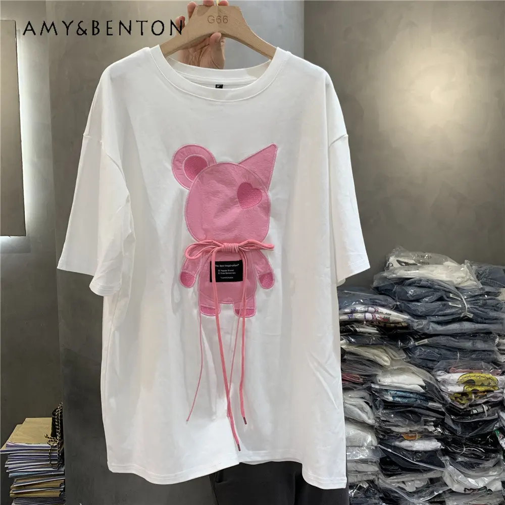 

Футболка среднего размера с круглым вырезом и принтом медведя, весна-лето 2023