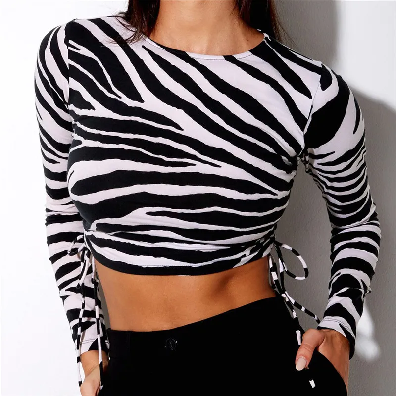 

Fashion Women Zebra-stripe Top Stylish Long Sleeve Side Drawstring Crop Tops Autumn New Round Collar Pullover Tops T-Shirt Lady