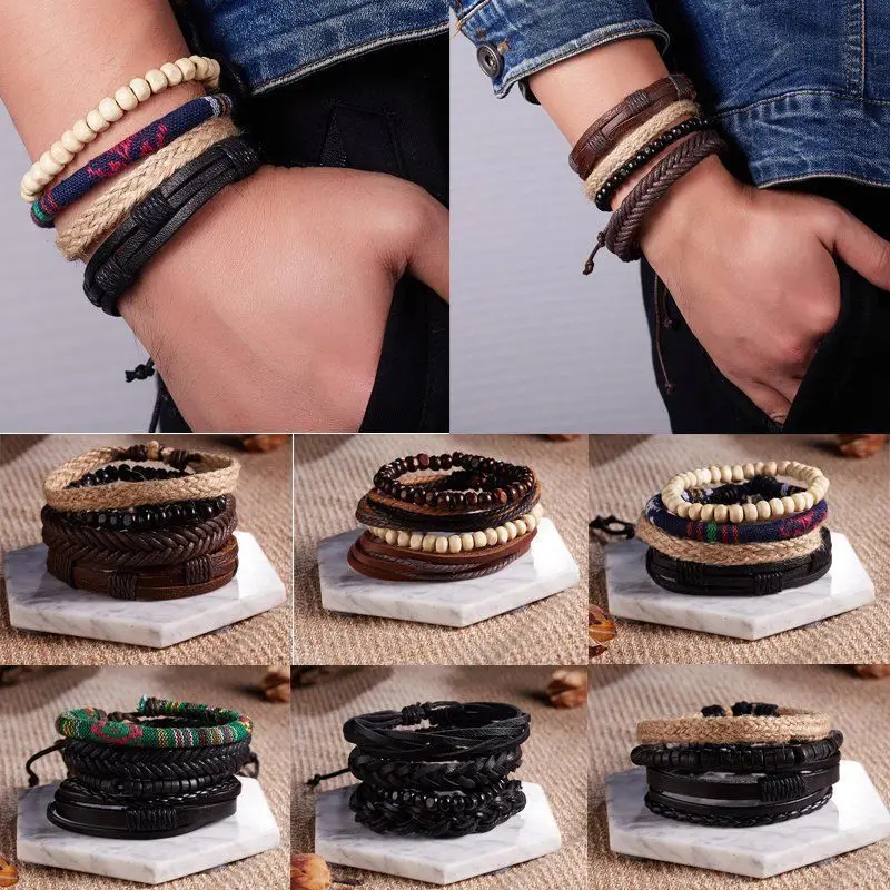 

New 4-piece Men's Bracelet European and American Students Woven Leather Retro Energy Bracelet Wholesale Bracelet Hipster