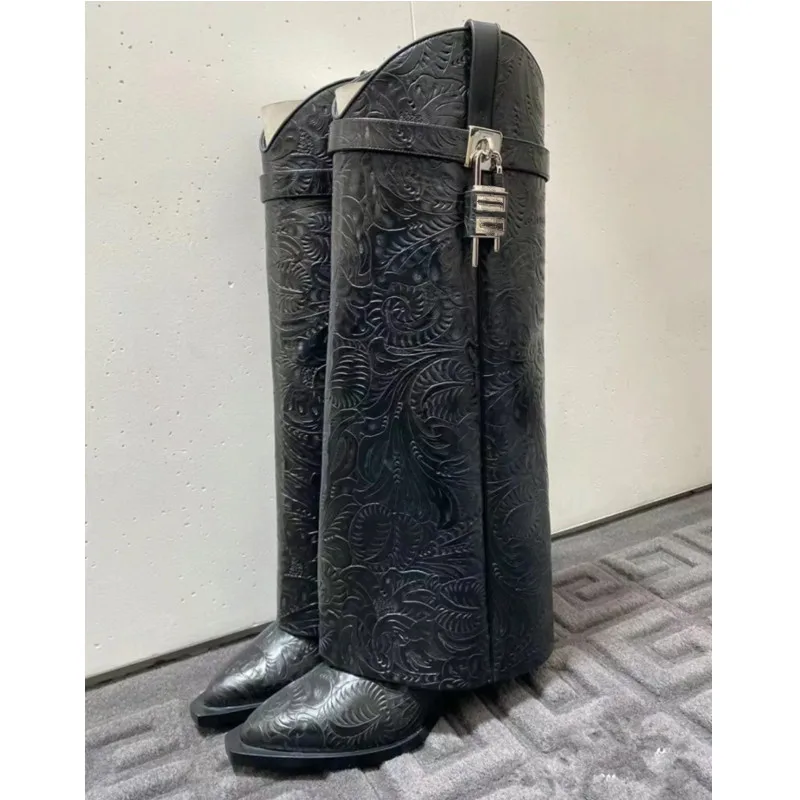 Women's Winter New Fashion Over Knee Long Boots Shark Lock Pattern Thick Sole High Heel Boots Brand Women's Long Leather Boots