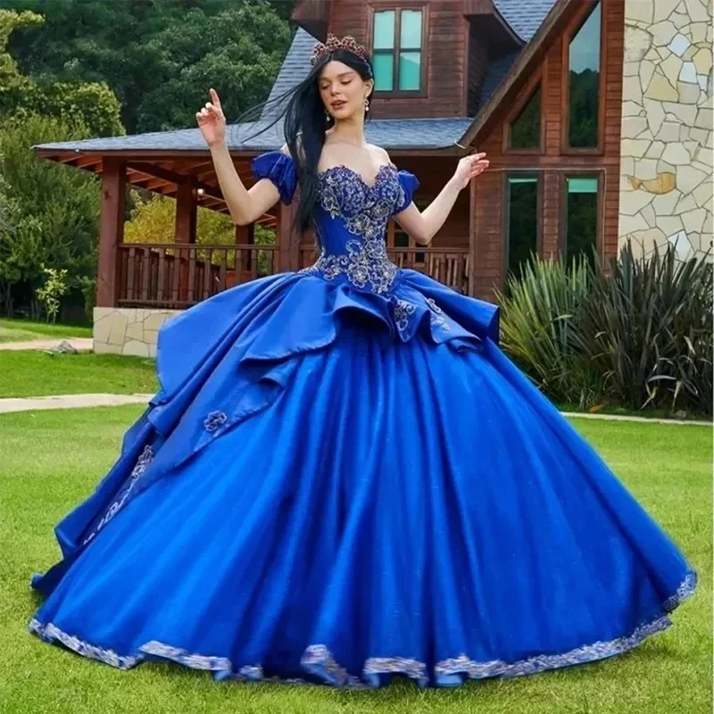 Королевские синие мексиканские бальные платья для девочек Quinceanera атласные