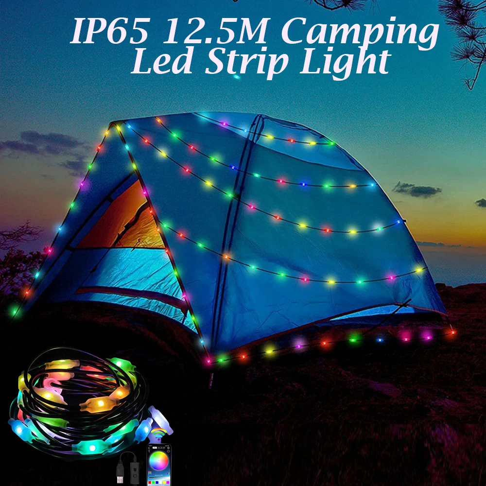 FTOYIN-tira de luces Led con Control remoto, 12,5 M, para exteriores, LampIP65 RGB, impermeable, para acampar, música, Bluetooth, USB, tienda de campaña
