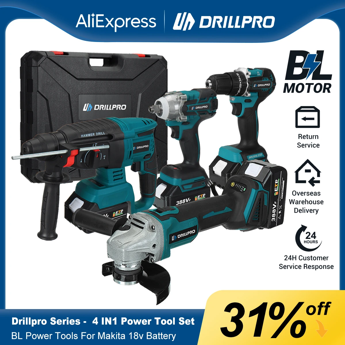 

Набор инструментов Drillpro 4 в 1, беспроводной гаечный ключ, шлифовальный молоток с 4 аккумуляторами, электрическая дрель, набор инструментов для батареи Makita