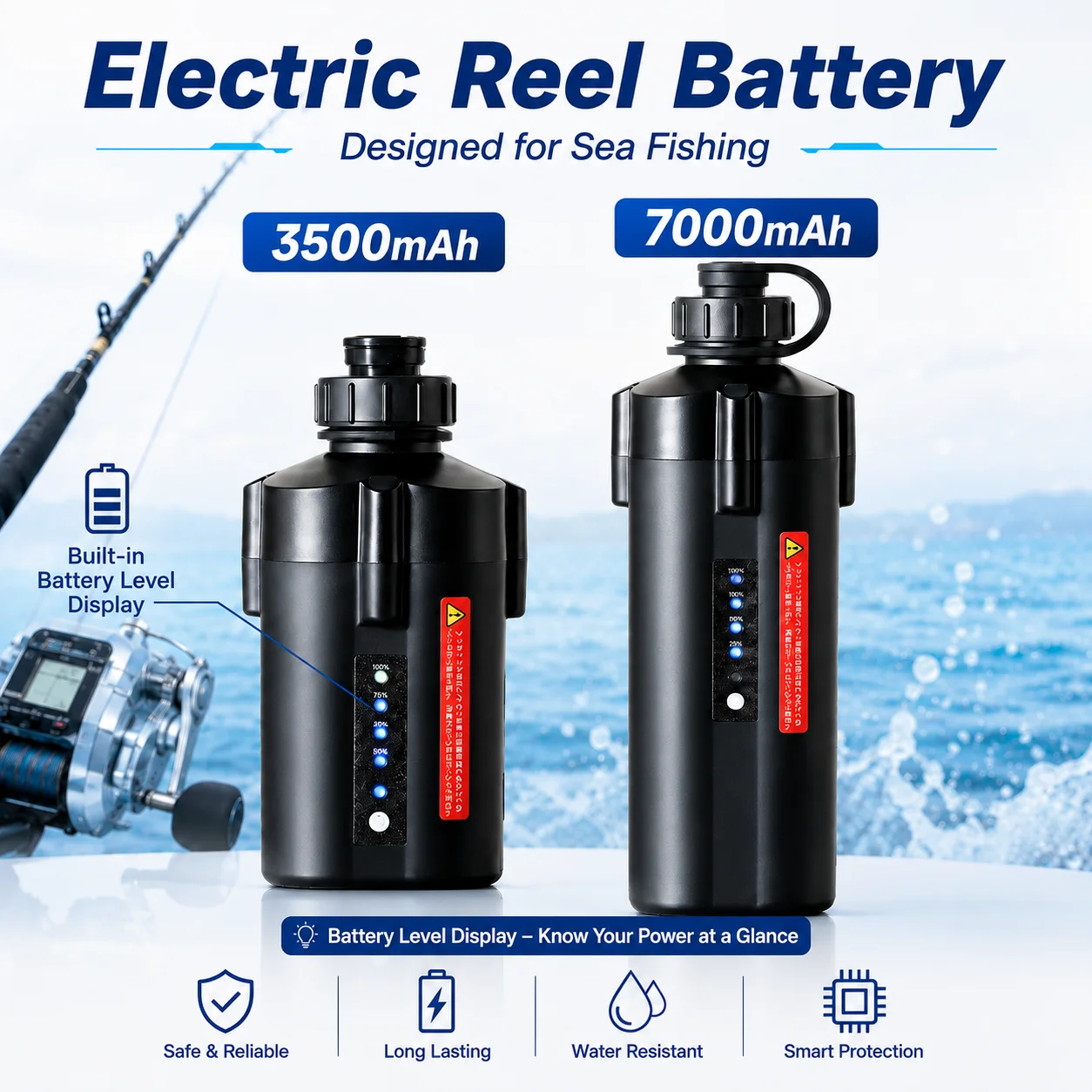 Фото Аккумулятор для электрической рыболовной катушки 14.8V 3500mAh 7000mAh с индикатором заряда для SHIMANO DAIWA ECOODA, водонепроницаемый, для морской рыбалки №2