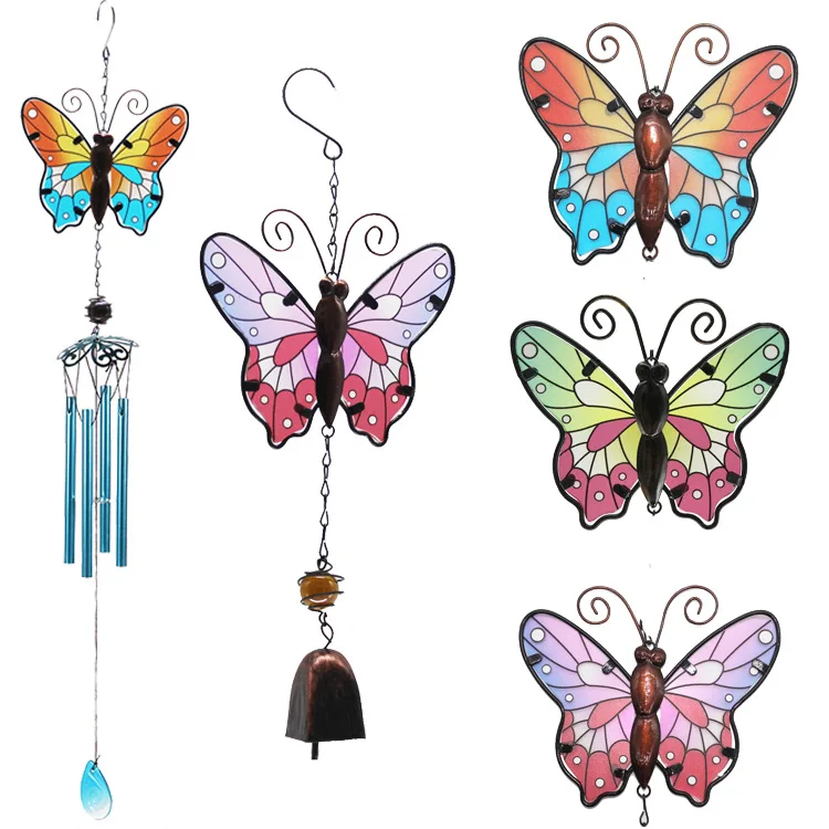 New Butterfly Metal Wind Chime Iron Glass Color Painting Handicraft Pendant Zakka Creative Home Pendant