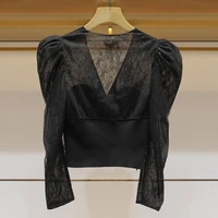 sexy temperament collect waist lace shirt black long sleeve womens tops blusas mujer de moda 2022 verano elegantes
