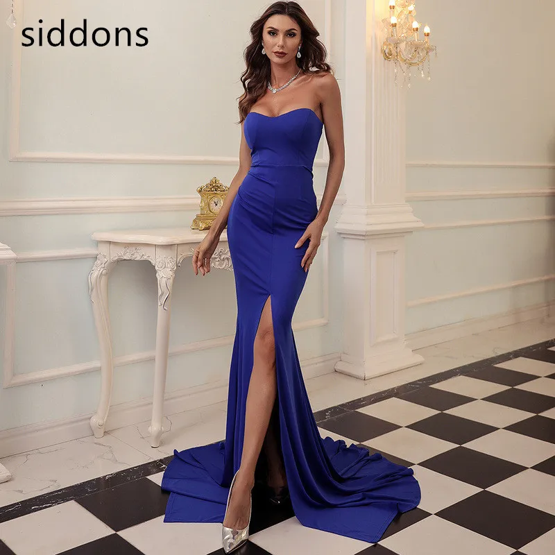 

2022 Women's New Sexy Solid Color Breast Wrap Party Prom Birthday High Luxury Fishtail Evening Elegant Wedding Blue Floor-length