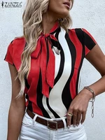 zanzea short sleeve o neck lace up blusas women summer stripe printed blouse bohemian vintage casual elegant holiday beach tops