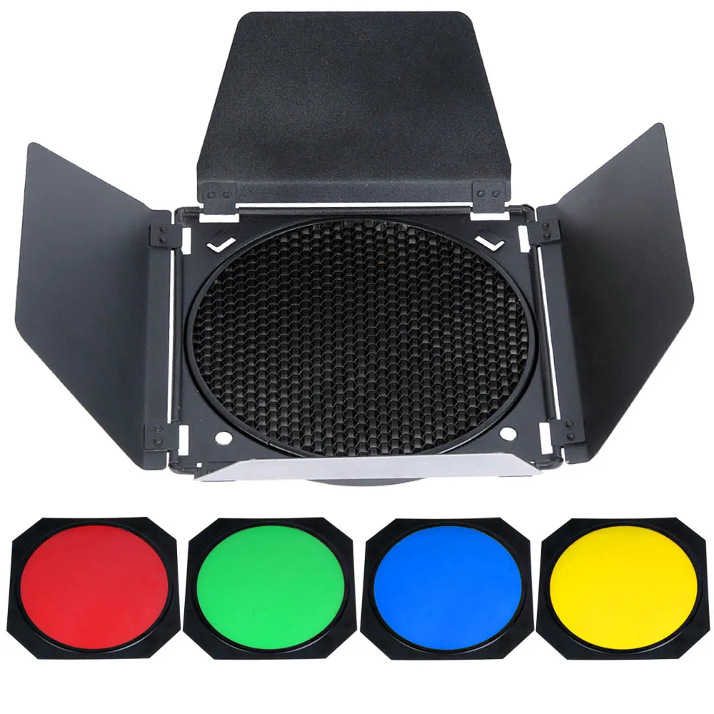 Godox BD-04 Barn Door + Honeycomb Grid + 4 Color Filter For Bowen Mounts Standard Reflector Photography Studio Flash Accessories