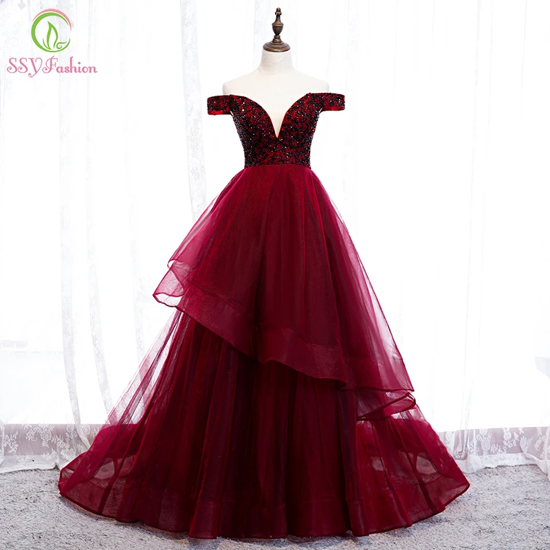 

SSYFashion New Banquet Elegant Burgundy Evening Dress Boat Neck Beading Sweep Train Long Prom Formal Gown Vestidos De Noche