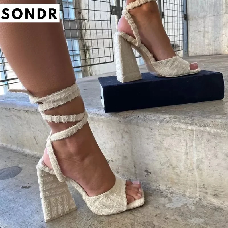 

Triangle High Heels Women Sandals Summer 2022 Corduroy Square Toe Sandalias Ladies Pump Cross Lace Up Female Wedding Party Shoes