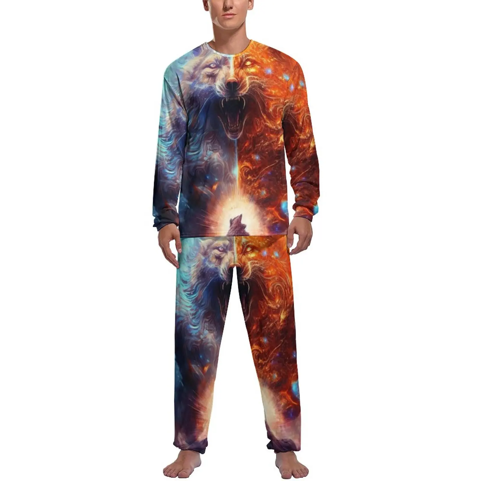 

Wolf God Pajamas Autumn 2 Pieces Two Tone Print Trendy Pajama Sets Male Long-Sleeve Sleep Design Sleepwear