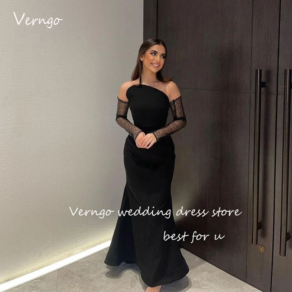 

Черные вечерние платья Verngo с юбкой-годе, саудовские арабские платья, без бретелек, перчатки, матовое атласное платье для выпускного вечера, официальное платье для вечеринки, 2023