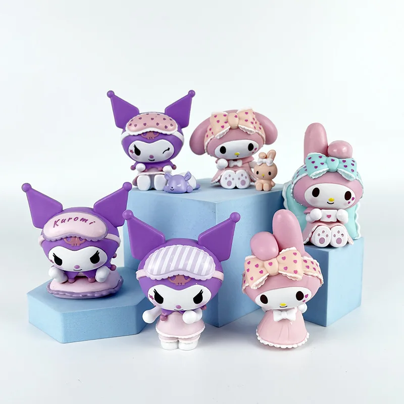 

6Pcs/Set Sanrio Pajamas Sweetheart Series Kuromi Melody Action Figures Model Doll Toys Ornaments Decorate Collection Kids Gift