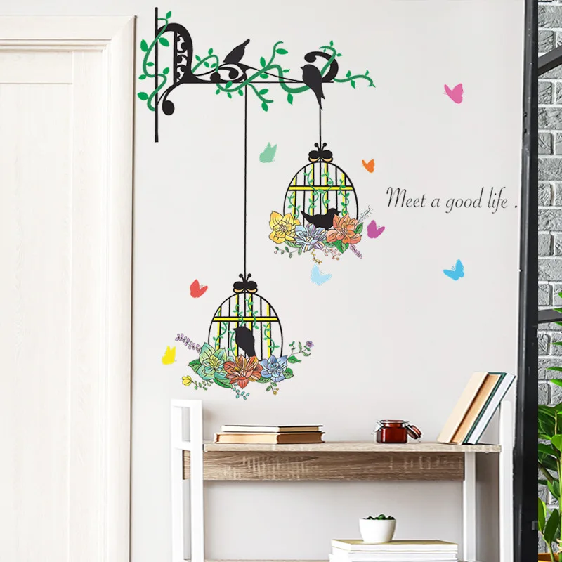

Colorful Flower birdcage flying birds wall sticker Creative home decor living room Decals wallpaper bedroom nursery window decor