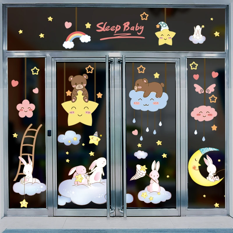 

[SHIJUEHEZI] Rabbits Animals Wall Stickers DIY Cartoon Bears Clouds Stars for Kids Room Baby Bedroom Home Decoration Accesorios