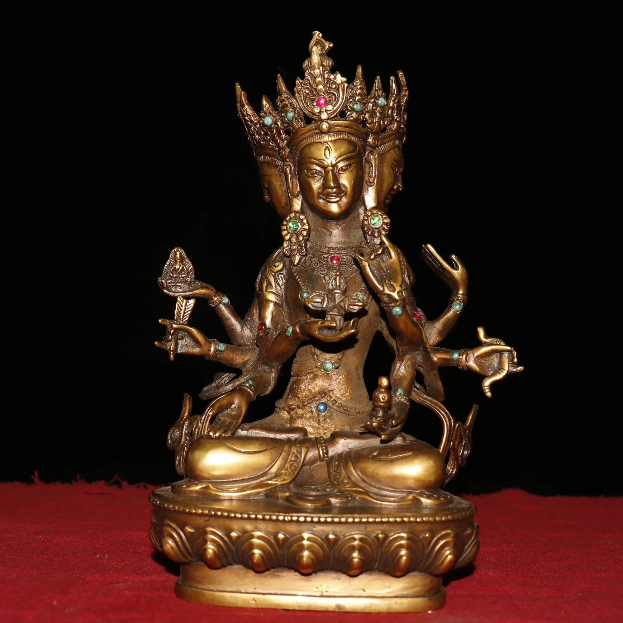 

9"Tibetan Temple Collection Old Bronze mosaic gem Namgyalma Three heads six arms Tara Holy Redeemer lotus platform Worship Hall
