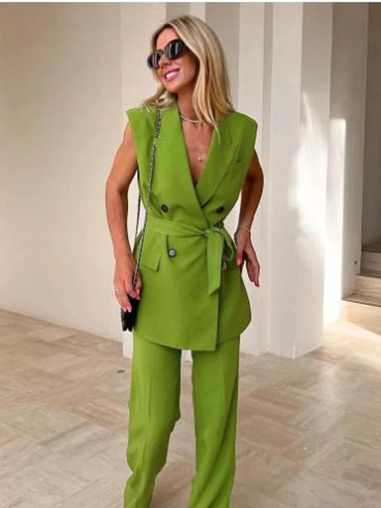 V-neck Chic and Elegant Woman Pants Set Woman 2 Pieces Double Breasted Belt Vest Suit Blazer Suits Women's Clothing