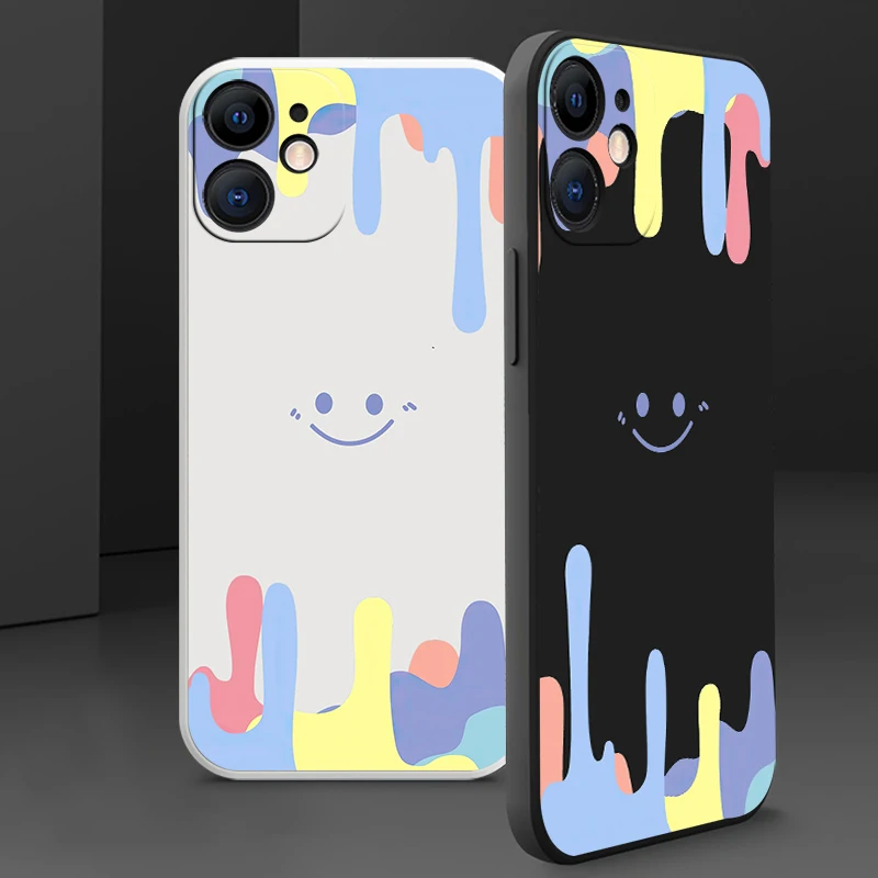 

Liquid Silicone Phone Case For iPhone 13 12 11 Pro XR X XS Mini Max Color Smiling Face Funda Couqe For iPhone 6 6s 8 7 Plus Capa