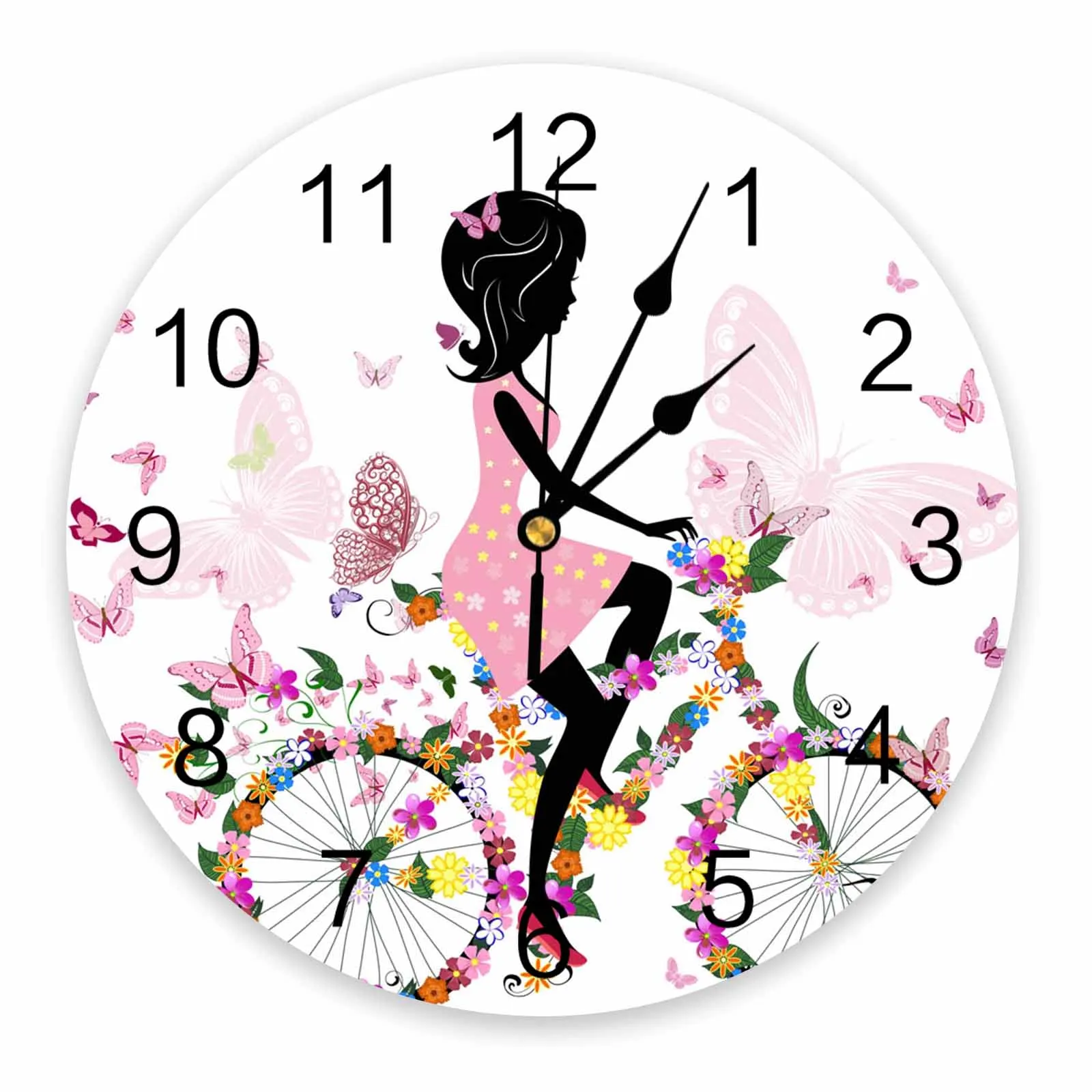 Butterfly Girl Bicycle Flower Pink White Decorative Round Wa