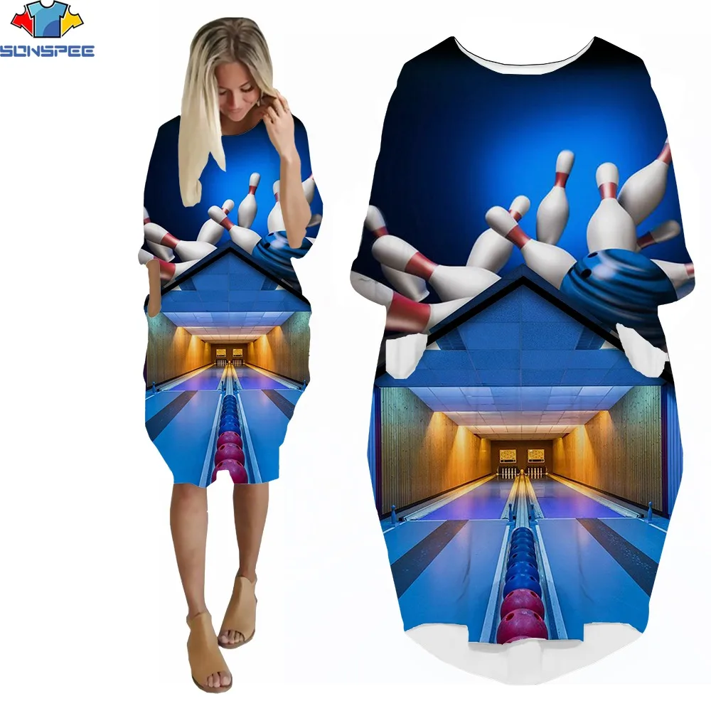 

SONSPEE 3D Print Ladies Summer Knee Dress Bowling Indoor Competitive Sport Short Sleeve Casual Loose Street O-Neck Pocket Skirts