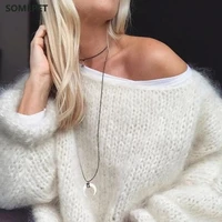 women lantern long sleeve o neck sweater fluffy fuzzy mohair pullover top chunky knit solid color oversized loose jumper