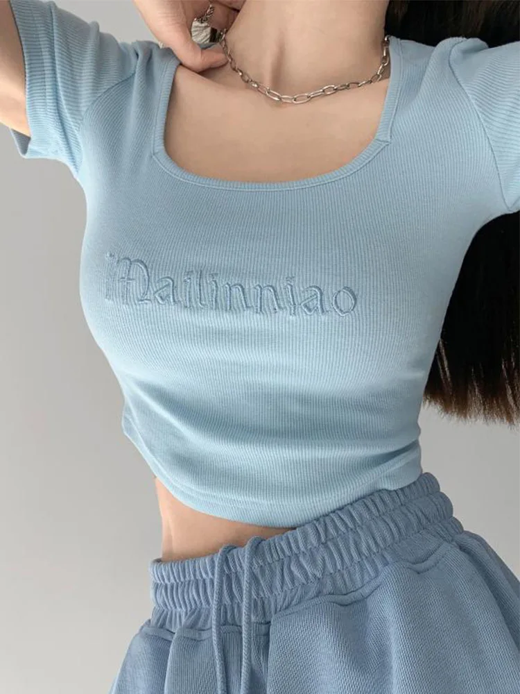 

Embroidery OOTD T Shirt Sexy Women Short Sleeve Summer Y2K T-shirt Basic Thin Slim Female Tee Tshirts