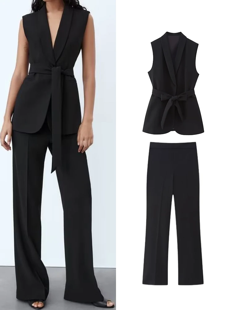 

TRAF Summer New Women Solid Vest Pant Sets 2023 Office Lady Commuting Notched Sleeveless Top With Belt + High Waist Long Trouser