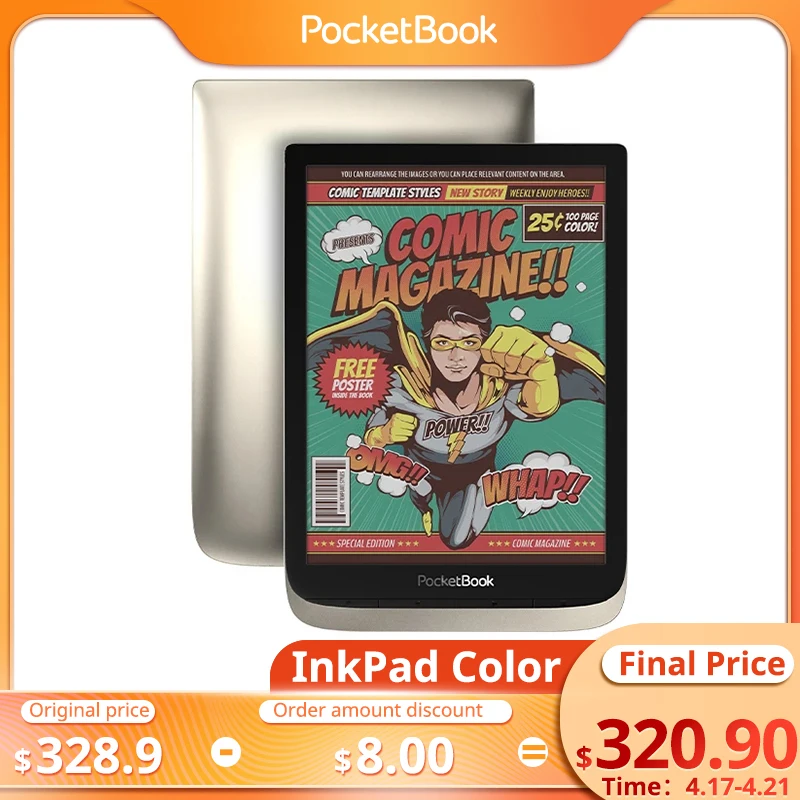 

PocketBook e-book Reader InkPad Color Frontlight Lightweight 7.8" E Ink Kaleido™ Plus Color Screen Bluetooth 16 GB e-library