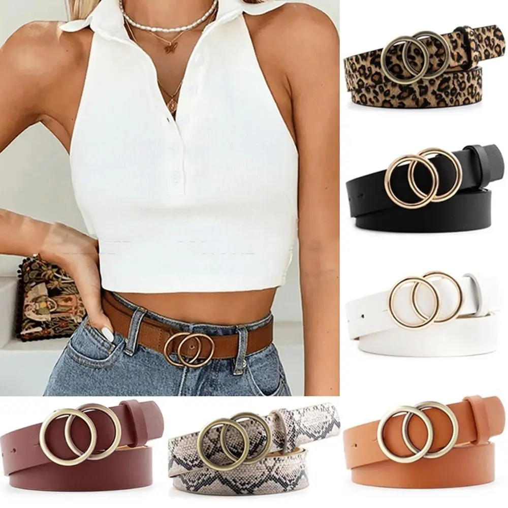 

Simple Double Ring Buckle For Men Trousers Thin Dress Leopard Print Waist Belt Waist Strap Waistband PU Leather Belt